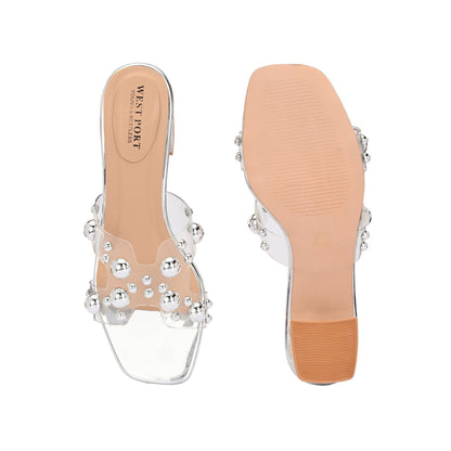 Valentino Women Transparent Silver Studded Block Heels