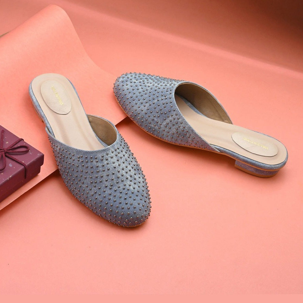 Valentino Women Blue Embellished Closed-Toe Mules