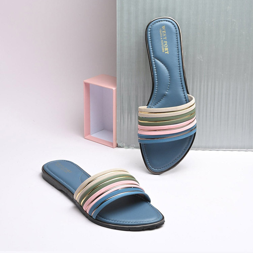 Valentino Women Blue Strap Flat Slides - Blue Base