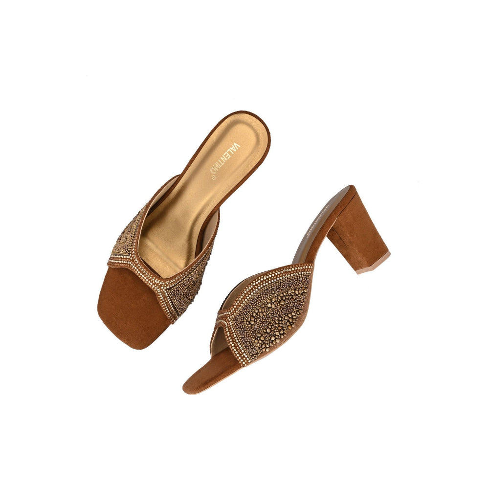 Valentino Women Tan Silver Crystal Block Heel Sandal