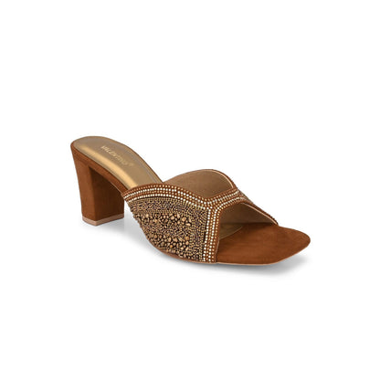 Valentino Women Tan Silver Crystal Block Heel Sandal