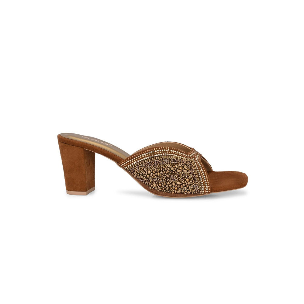 Valentino Women Tan Silver Crystal Block Heel Sandal