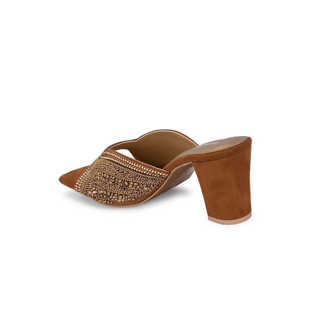 Valentino Women Tan Silver Crystal Block Heel Sandal