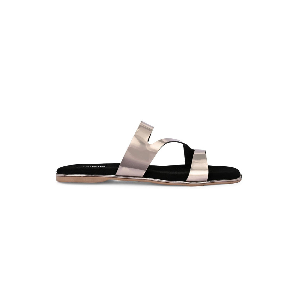 Valentino Women Metallic Triple Strap Metallic Flat Slide Sandal