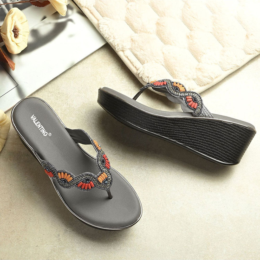 Valentino Women Gunmetal Beaded Wedge Platform Thong Sandal