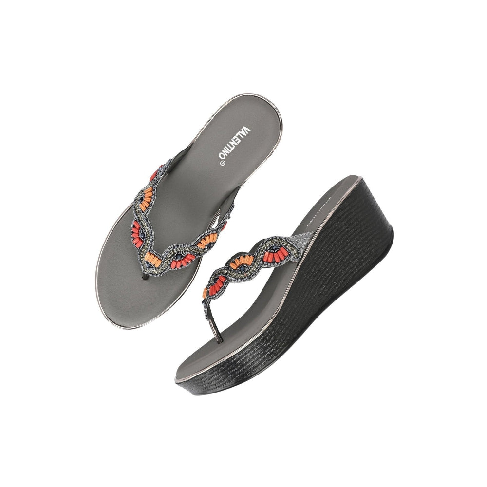 Valentino Women Gunmetal Beaded Wedge Platform Thong Sandal