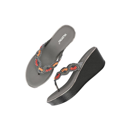 Valentino Women Gunmetal Beaded Wedge Platform Thong Sandal