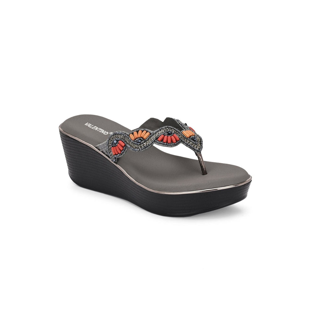 Valentino Women Gunmetal Beaded Wedge Platform Thong Sandal