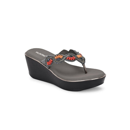 Valentino Women Gunmetal Beaded Wedge Platform Thong Sandal