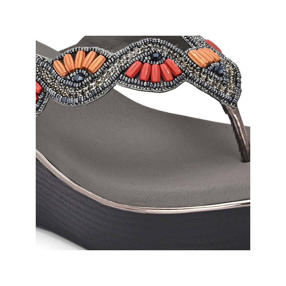 Valentino Women Gunmetal Beaded Wedge Platform Thong Sandal