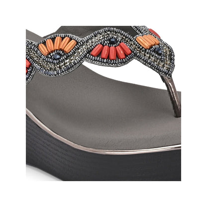 Valentino Women Gunmetal Beaded Wedge Platform Thong Sandal