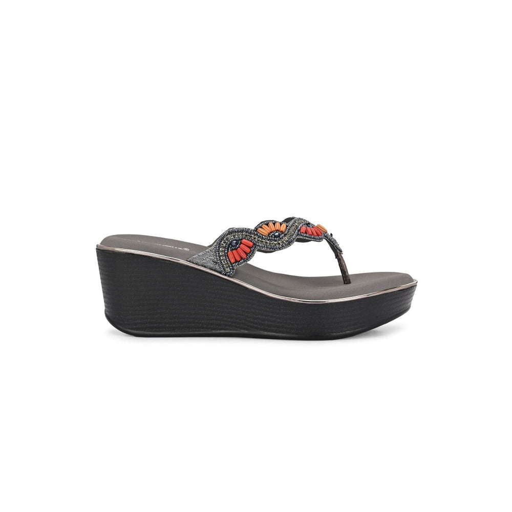 Valentino Women Gunmetal Beaded Wedge Platform Thong Sandal