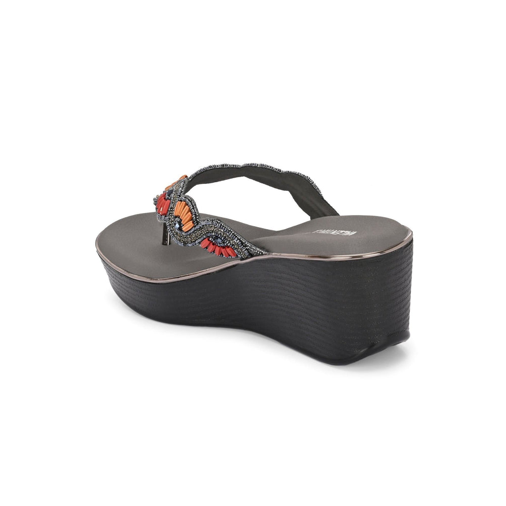 Valentino Women Gunmetal Beaded Wedge Platform Thong Sandal