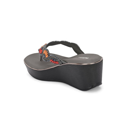 Valentino Women Gunmetal Beaded Wedge Platform Thong Sandal