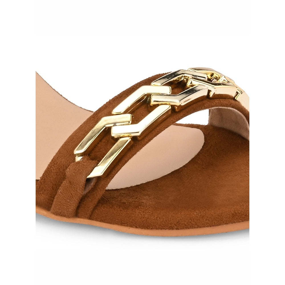 Valentino Women Tan And Gold Block Heel Ankle Strap Sandal