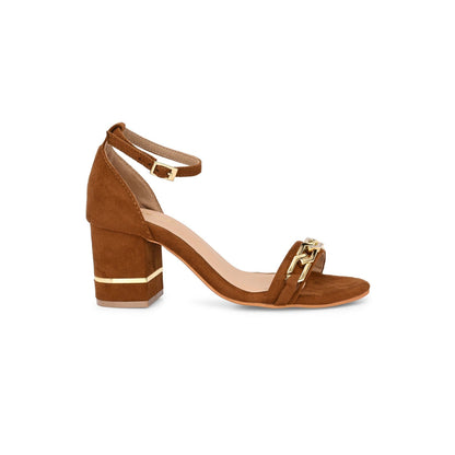 Valentino Women Tan And Gold Block Heel Ankle Strap Sandal