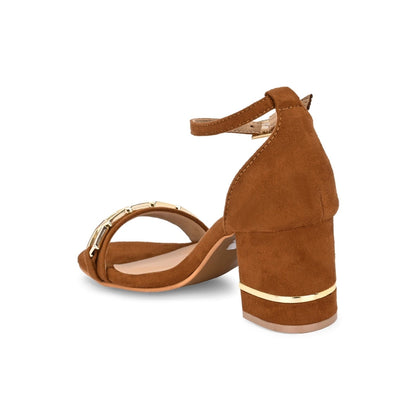 Valentino Women Tan And Gold Block Heel Ankle Strap Sandal