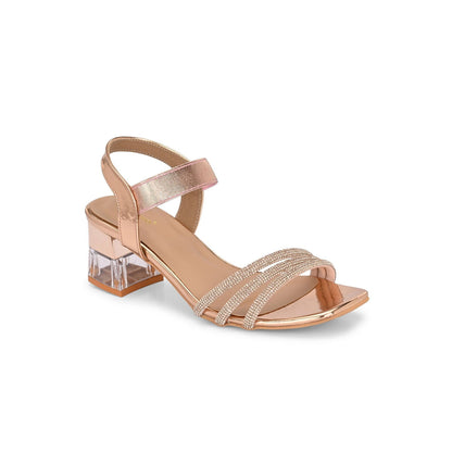 Valentino Women Rose Gold Strappy Crystal Block Heel Sandal