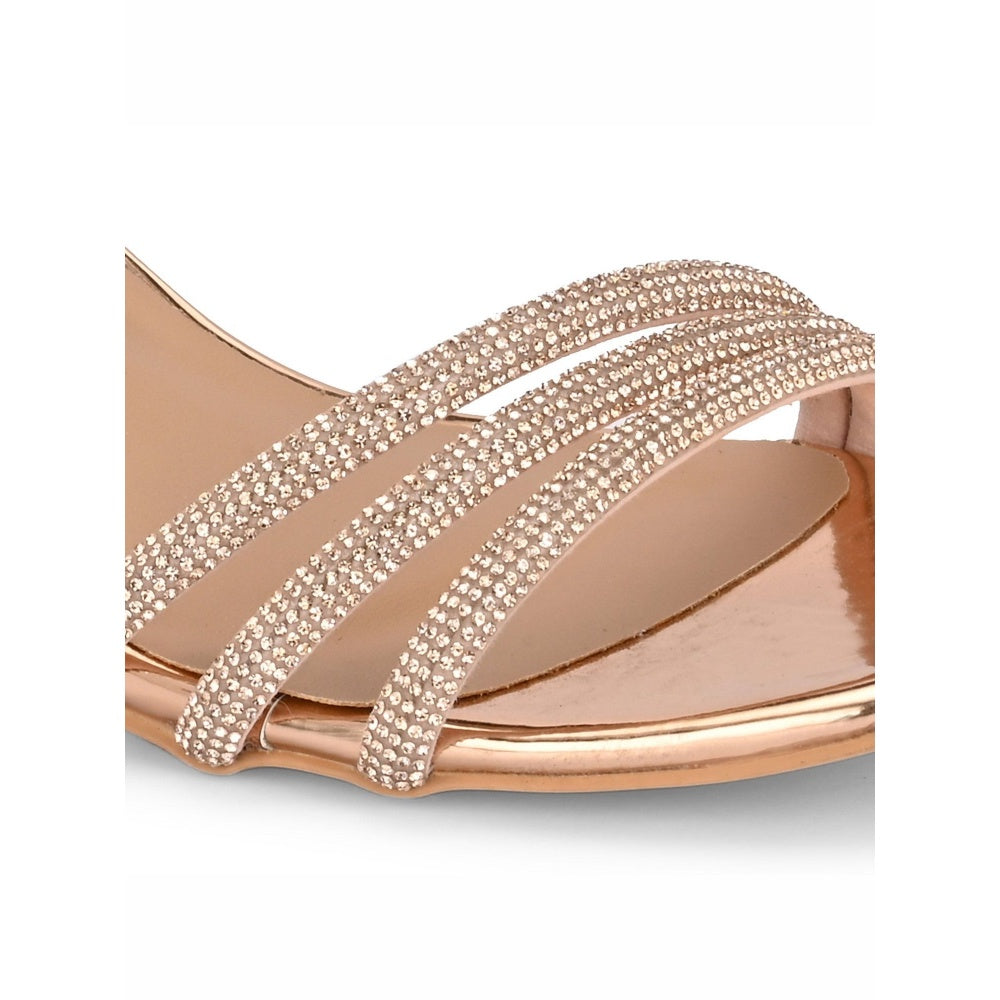 Valentino Women Rose Gold Strappy Crystal Block Heel Sandal