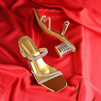 Valentino Women Antique Gold Rhinestone Strappy Block Heel Sandal