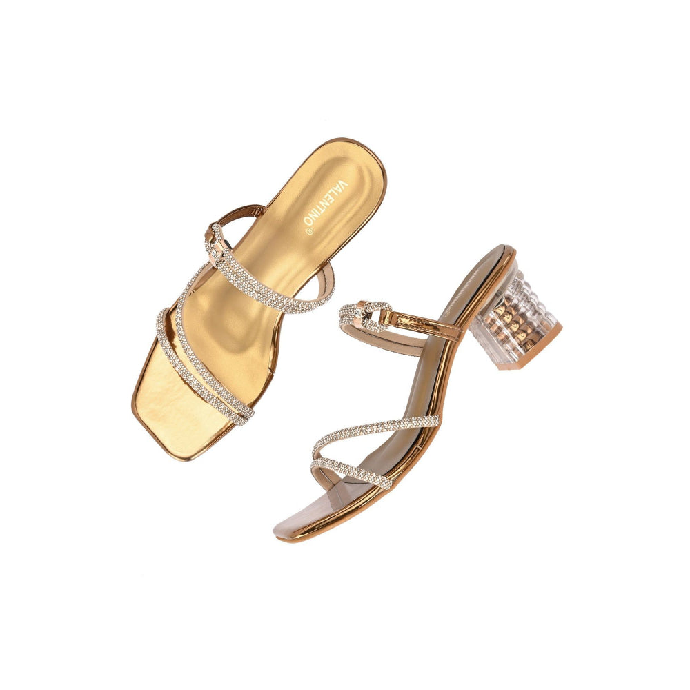Valentino Women Antique Gold Rhinestone Strappy Block Heel Sandal