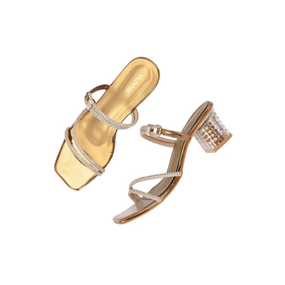 Valentino Women Antique Gold Rhinestone Strappy Block Heel Sandal