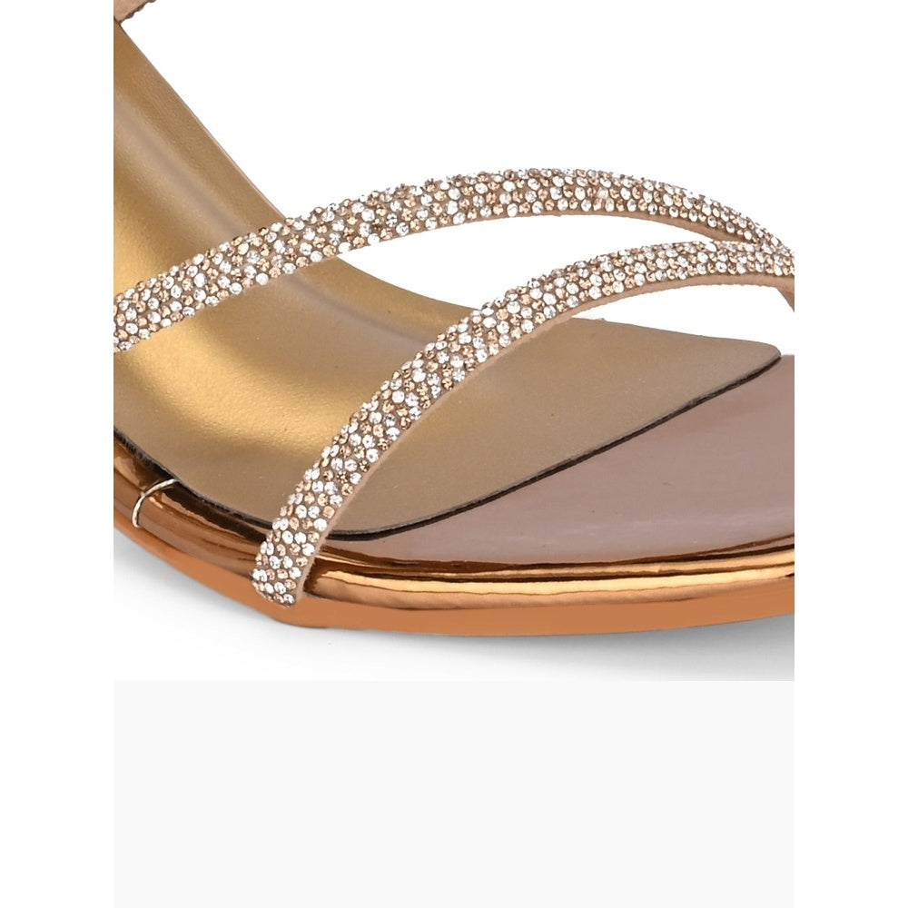 Valentino Women Antique Gold Rhinestone Strappy Block Heel Sandal