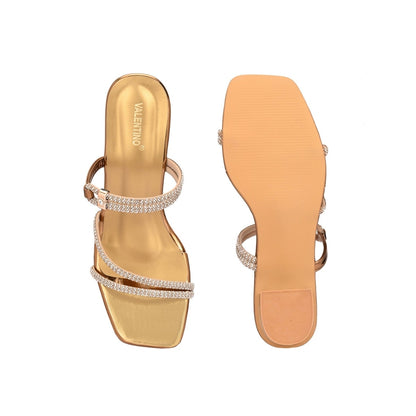 Valentino Women Antique Gold Rhinestone Strappy Block Heel Sandal