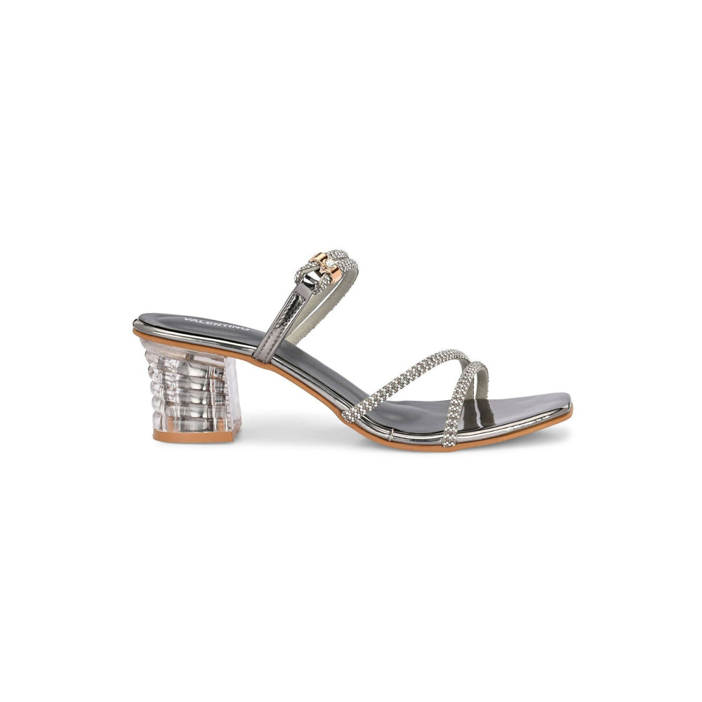 Valentino Women Gunmetal Rhinestone Strappy Block Heel Sandal