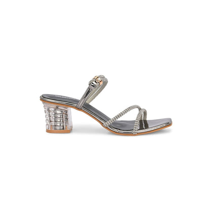 Valentino Women Gunmetal Rhinestone Strappy Block Heel Sandal