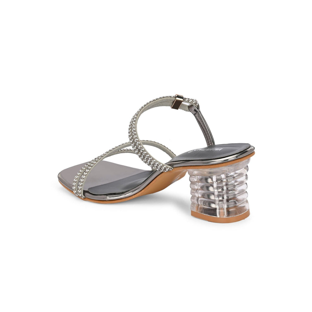 Valentino Women Gunmetal Rhinestone Strappy Block Heel Sandal