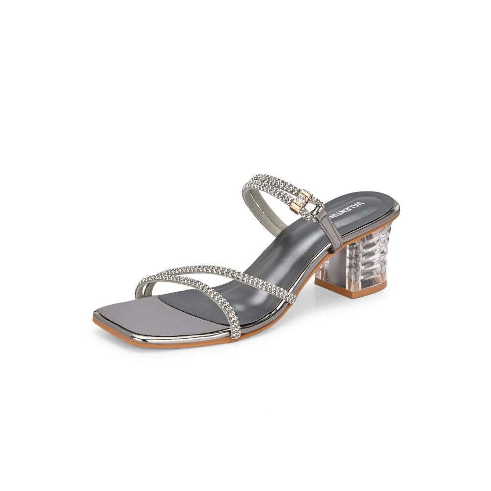 Valentino Women Gunmetal Rhinestone Strappy Block Heel Sandal