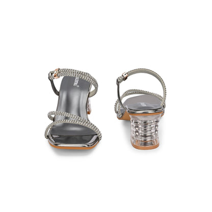 Valentino Women Gunmetal Rhinestone Strappy Block Heel Sandal