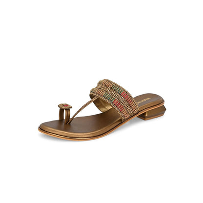 Valentino Women Gold Antique Beaded Toe Ring Flat Sandal
