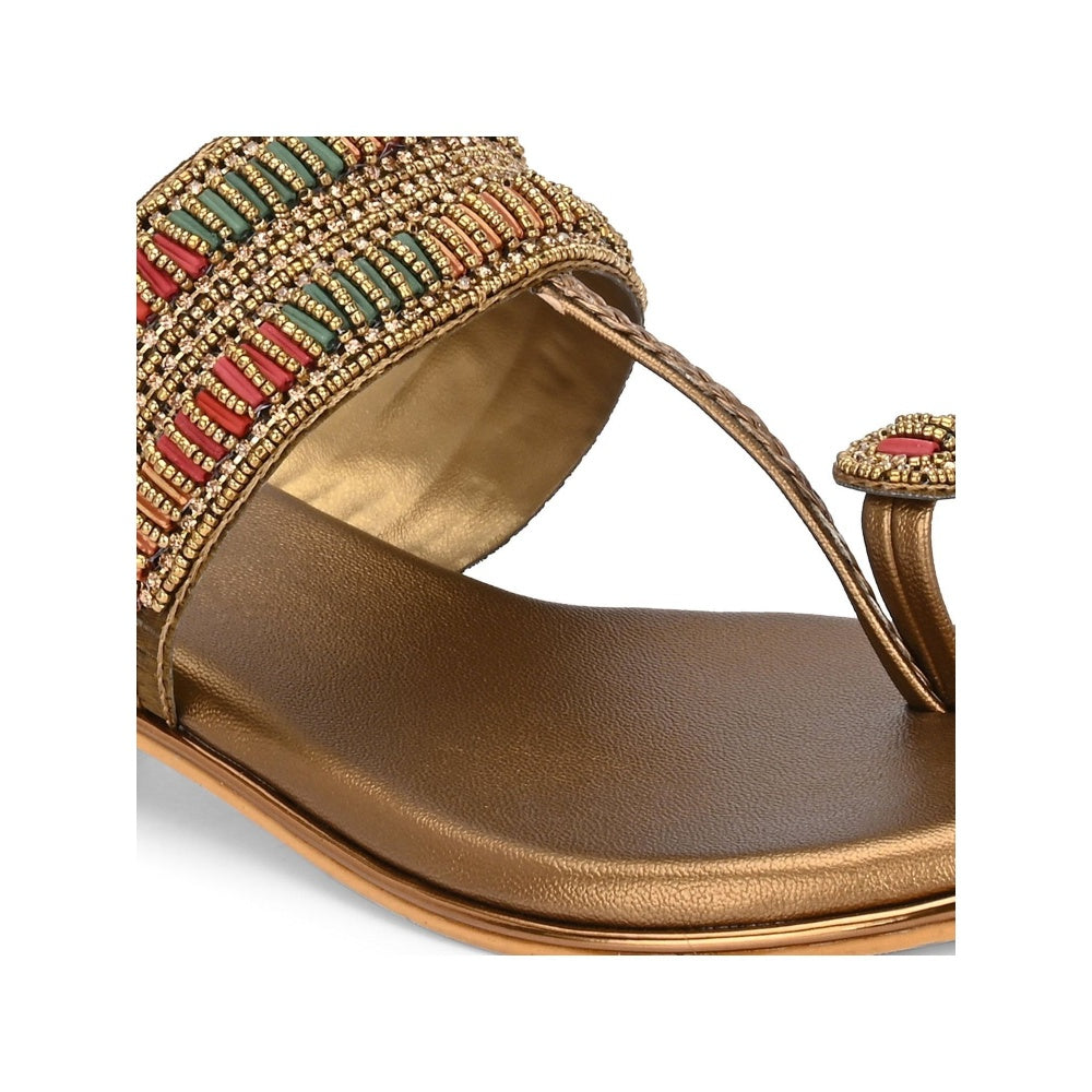 Valentino Women Gold Antique Beaded Toe Ring Flat Sandal