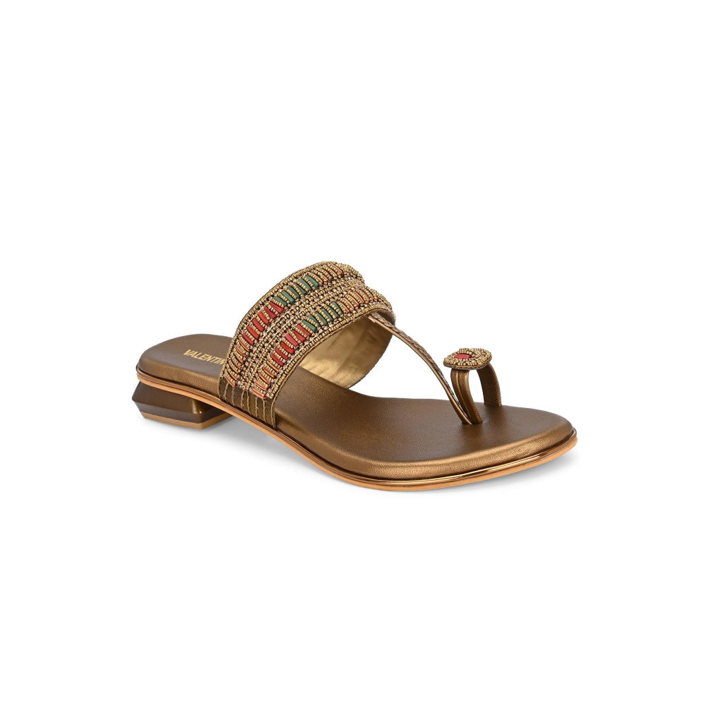 Valentino Women Gold Antique Beaded Toe Ring Flat Sandal