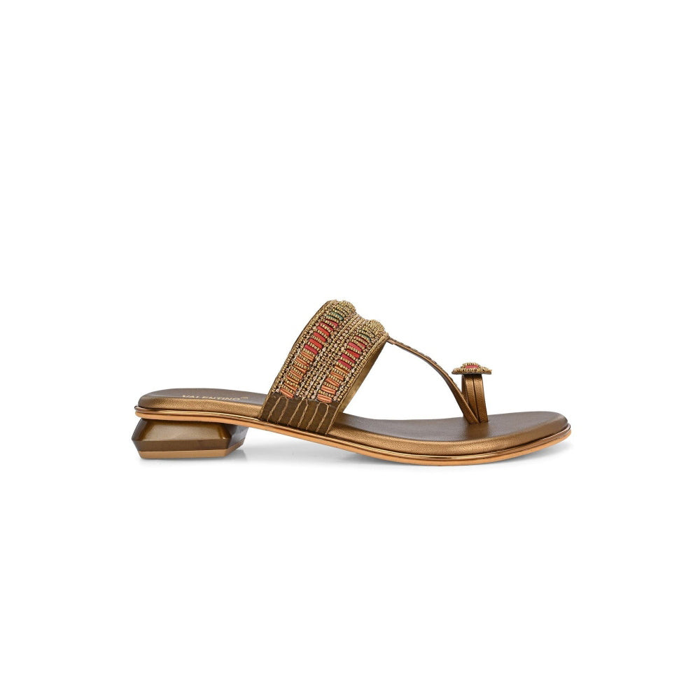 Valentino Women Gold Antique Beaded Toe Ring Flat Sandal