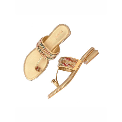 Valentino Women Beige Gold Beaded Toe Ring Flat Sandal