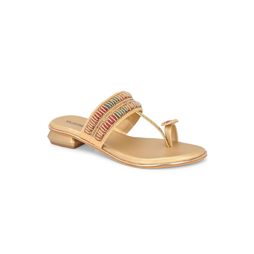 Valentino Women Beige Gold Beaded Toe Ring Flat Sandal