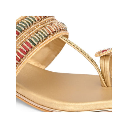 Valentino Women Beige Gold Beaded Toe Ring Flat Sandal