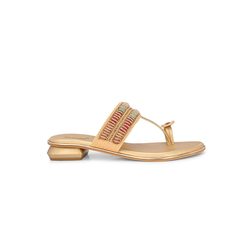 Valentino Women Beige Gold Beaded Toe Ring Flat Sandal
