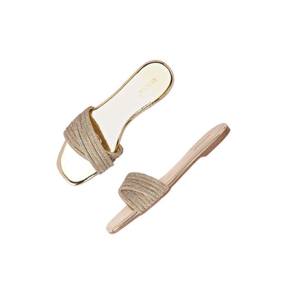 Valentino Women Gold Crystal Embellished Flat Slide Sandal