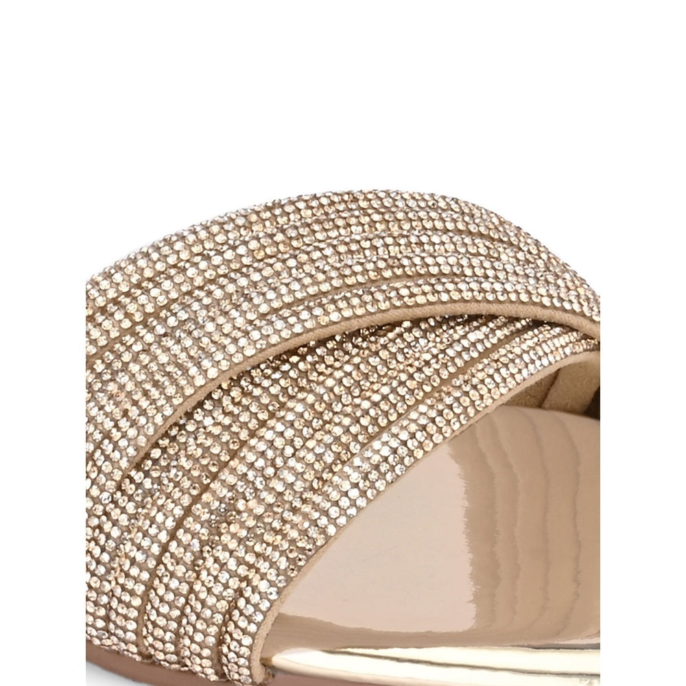 Valentino Women Gold Crystal Embellished Flat Slide Sandal