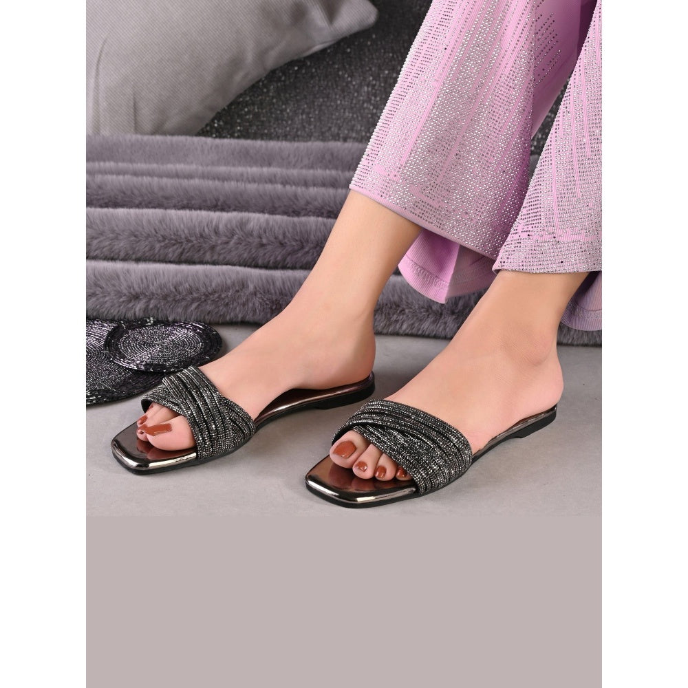 Valentino Women Metallic Crystal Embellished Flat Slide Sandal