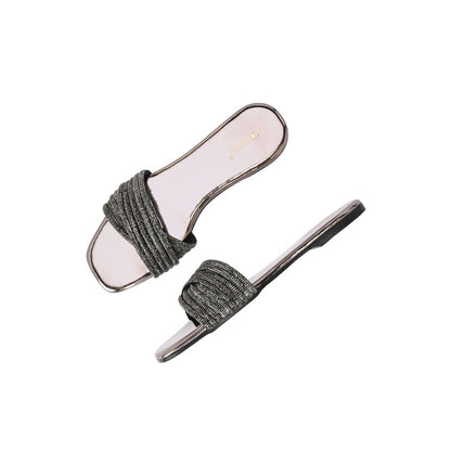 Valentino Women Metallic Crystal Embellished Flat Slide Sandal
