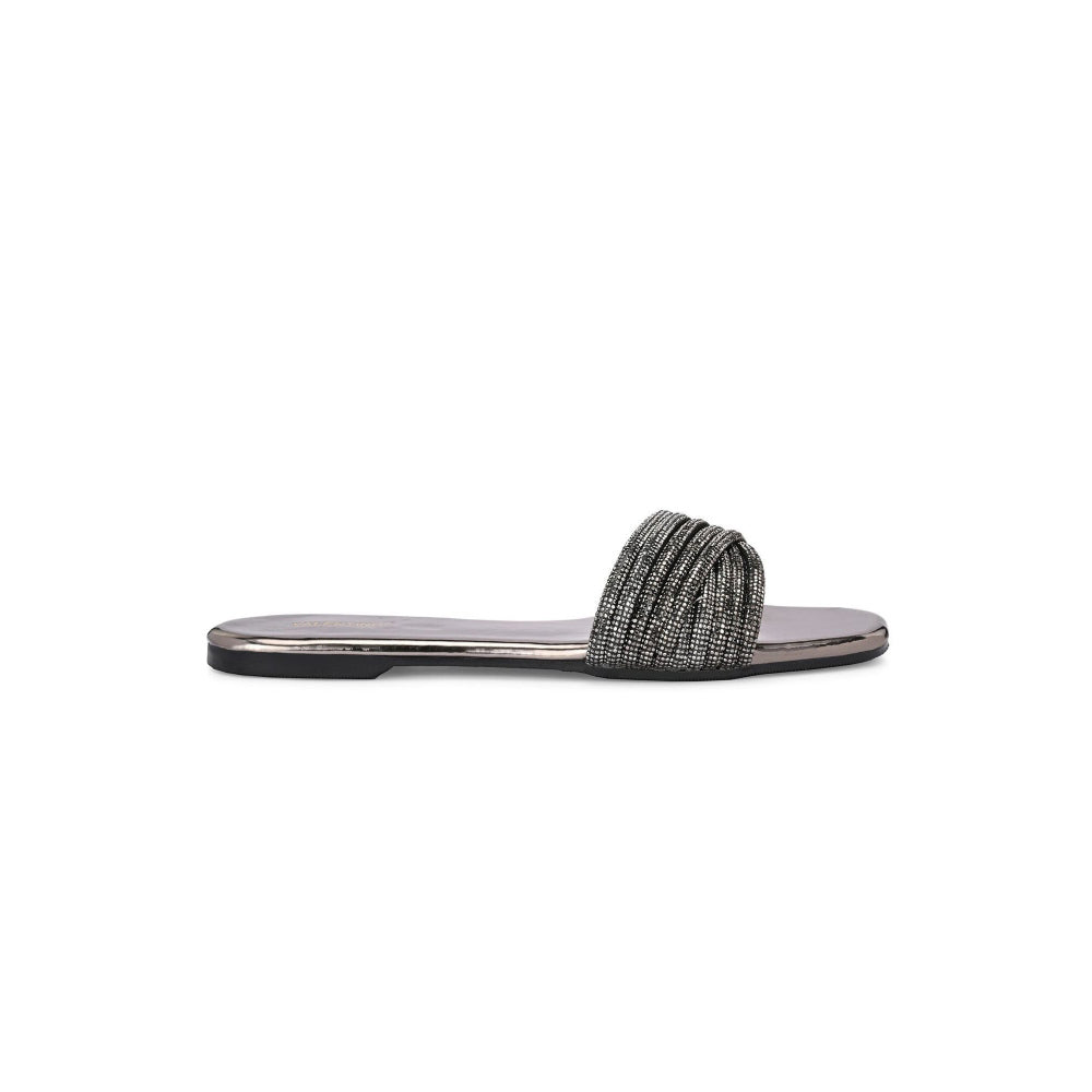 Valentino Women Metallic Crystal Embellished Flat Slide Sandal