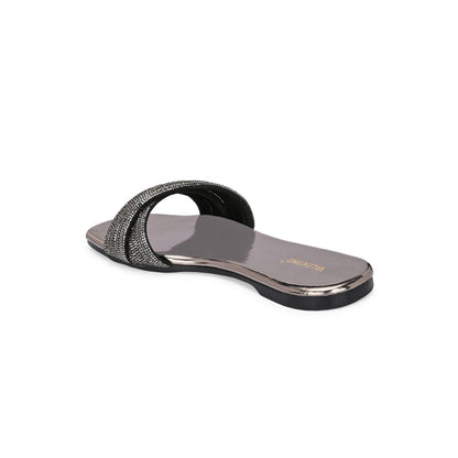 Valentino Women Metallic Crystal Embellished Flat Slide Sandal