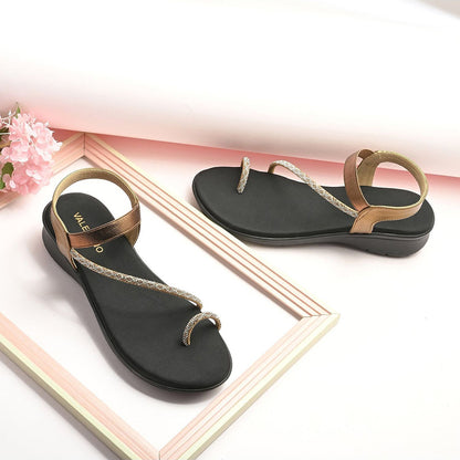 Valentino Women Antique Gold Crystal Toe Loop Comfort Sandal