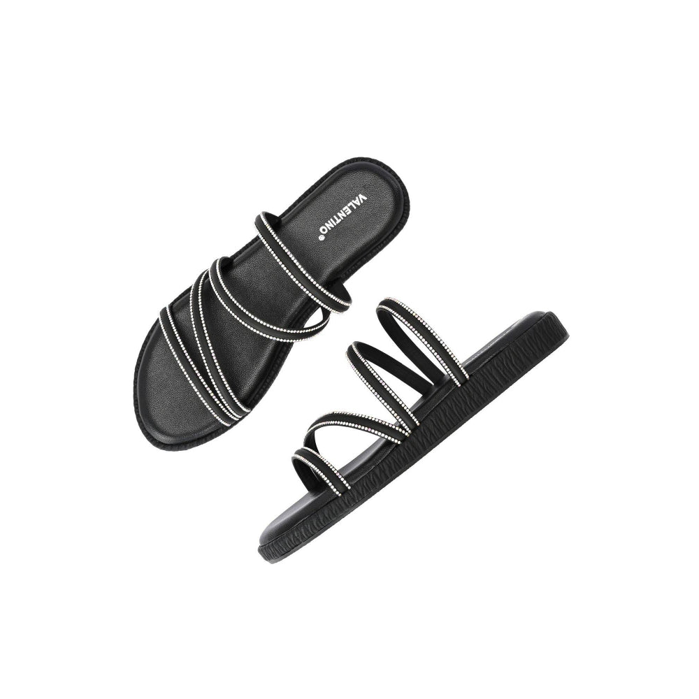 Valentino Women Black Triple Strap Flat Comfort Sandal