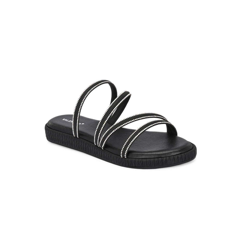 Valentino Women Black Triple Strap Flat Comfort Sandal